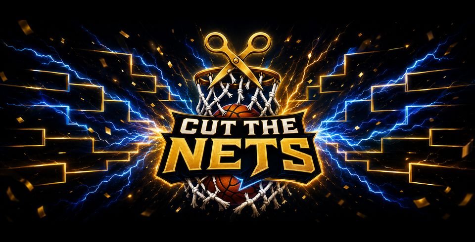 Cut the Nets key art: the logo between two glowing bracket halves